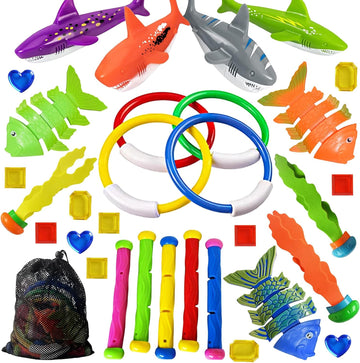 Jasonwell Pool Diving Toys Games - 31 PCS Swimming Pool Toys for Kids Teens with Diving Rings Dive Sticks Underwater Treasures Torpedo Bandits Fish Toys etc Fun Water Swim Toys for Boys Girls Adults - Jasonwell